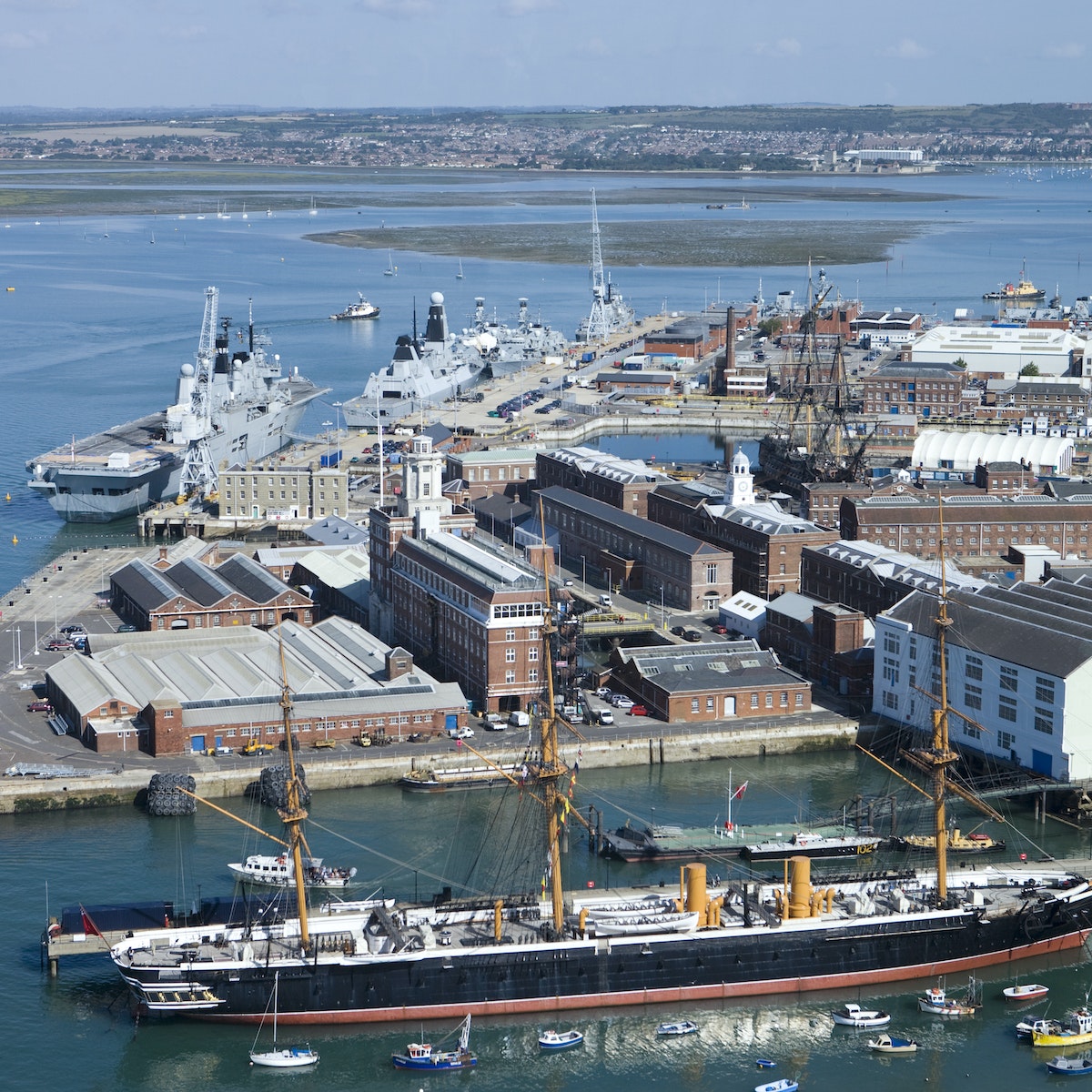 View from Spinnaker Tower over Portsmouth Historic Dockyard.