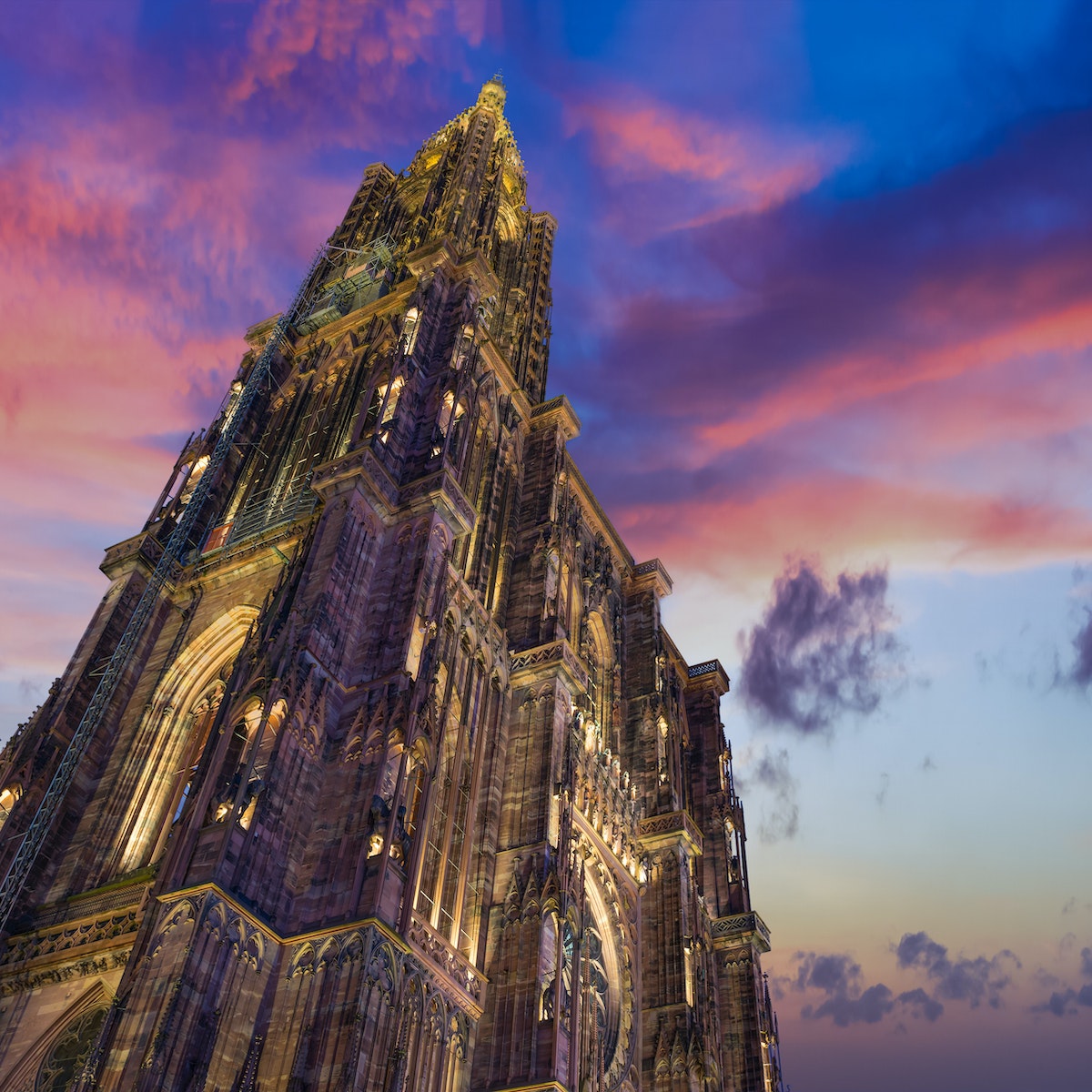 View of Strasbourg Cathedral from ground. Alsace; Shutterstock ID 543791347; Your name (First / Last): Daniel Fahey; GL account no.: 65050; Netsuite department name: Online Editorial; Full Product or Project name including edition: Cathédrale Notre-Dame Strasbourg POI