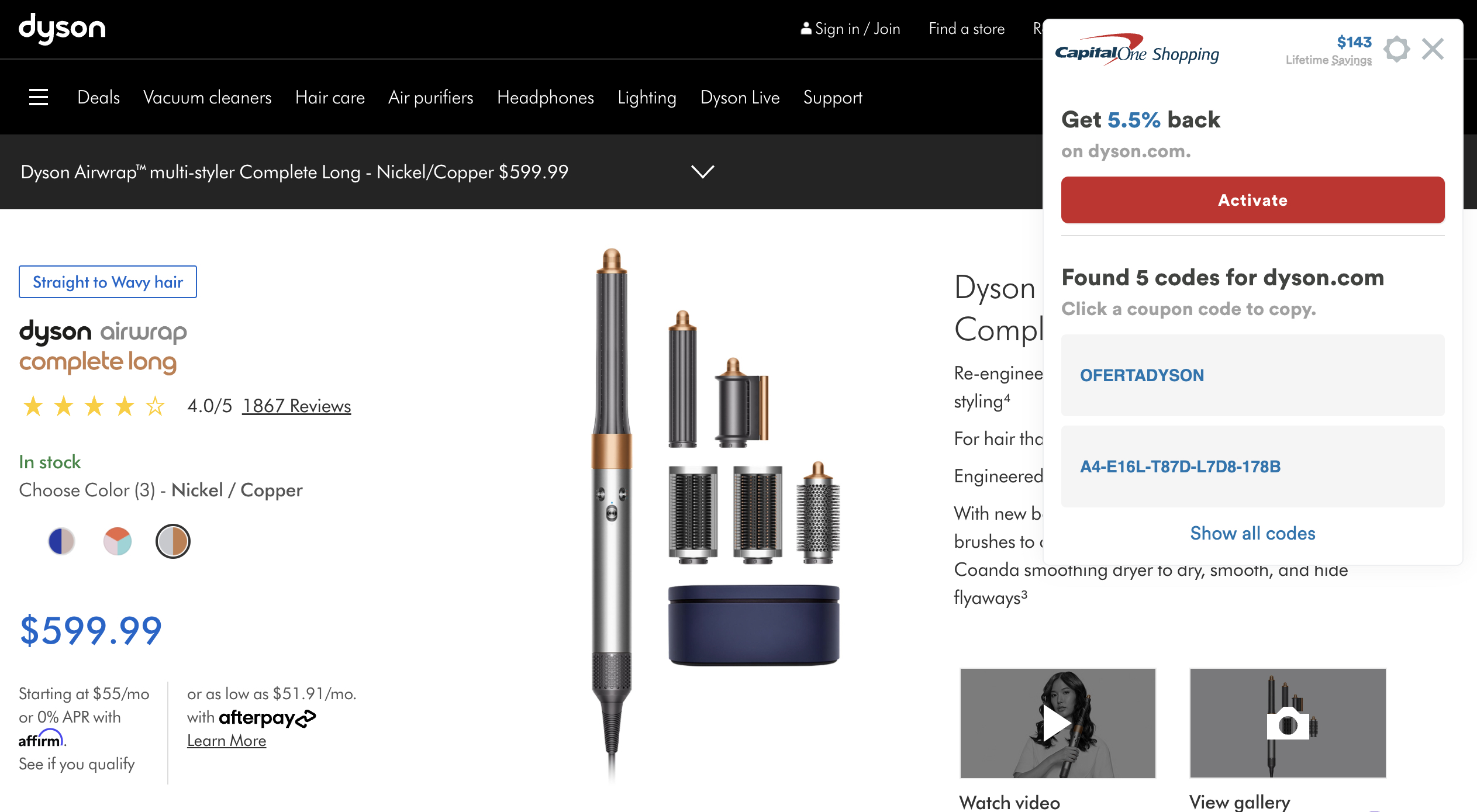 Capital One Shopping page - Dyson hair dryer