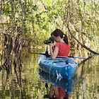 A woman takes a photo from a kayak in the Everglades