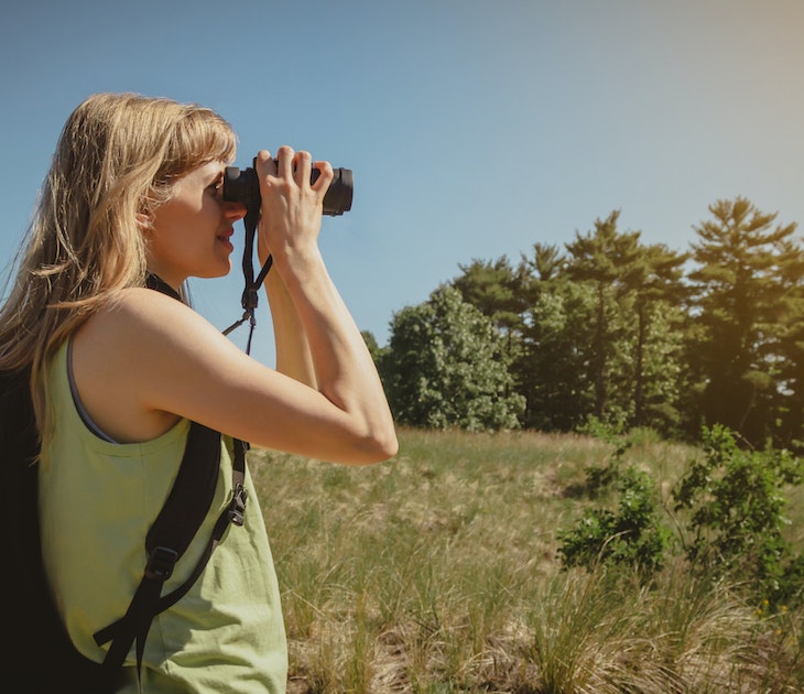 Young woman bird watching with binoculars at Indiana Dunes State Park.
1325470474