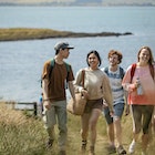 Wide angle shot of a group of mixed ethnic teens on a walk along the coastline together at Holy Island in the North East of England in summer.
1398830993