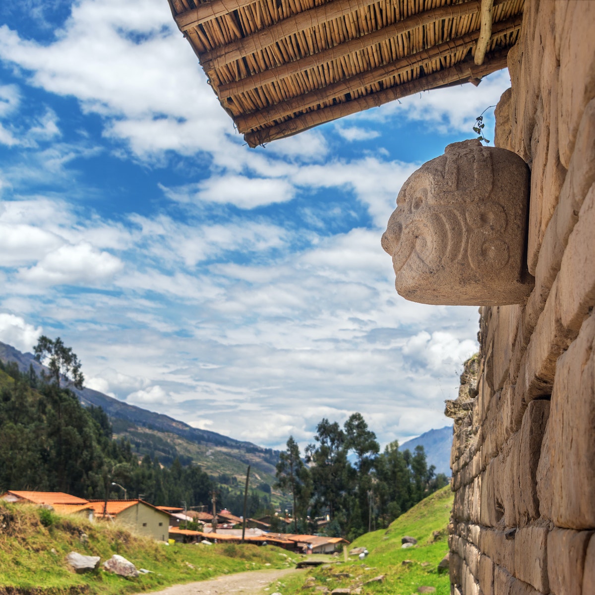 Stone mask on the ancient temple at Chavin de Huantar in Peru