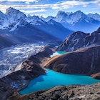 Stunning view of the Himalaya mountains (Cholatse and Taboche to the left), Ngozumpa glacier, and Gokyo lakes (the world's highest freshwater lakes, sacred for both Hindus and Buddhists), as seen on top of Gokyo Ri (5,357 m), near the village of Gokyo, in Sagarmatha National Park, UNESCO World Heritage Site in Khumbu region, Solukhumbu district, eastern Nepal, Asia.