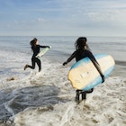 Surfers carrying boards in waves