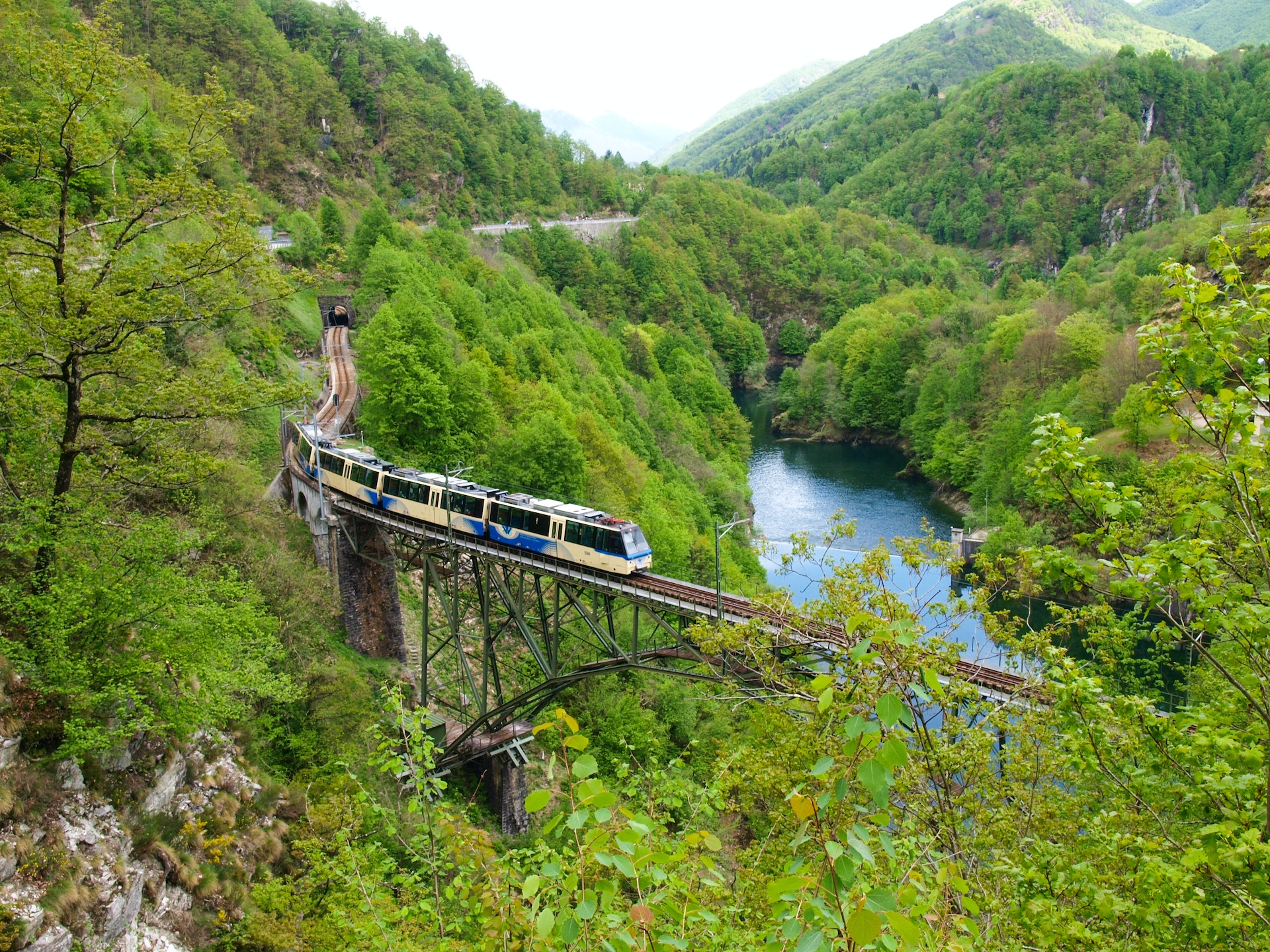 The view from Intragna on the River Melezza, as the the Centovalli Express cuts through the Hundred Valleys in Switzerland. 