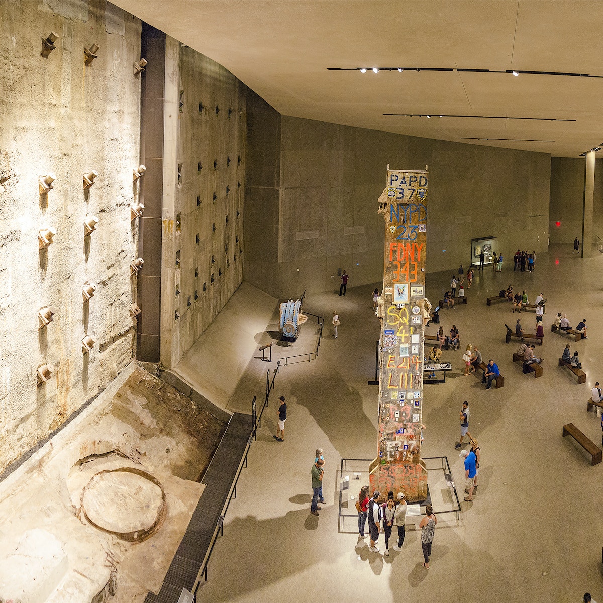 NEW YORK CITY, USA - JUNE 18 2016 - Panoramic view of the interior  National 9/11 Memorial Museum. The Last Column Remnants and Slurry Wall. Ground Zero in Lower Manhattan, New York City, USA